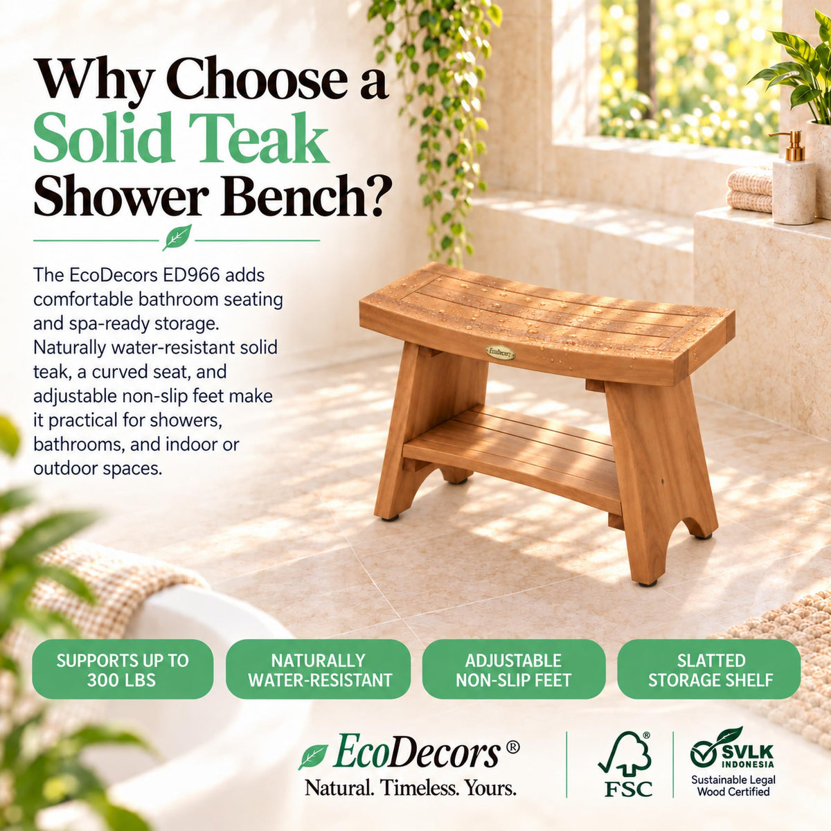 EcoDecors Serenity 24" Teak Shower Bench with Shelf, Teak Wood Shower Stool