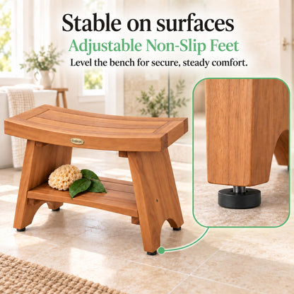 EcoDecors Serenity 24" Teak Shower Bench with Shelf, Teak Wood Shower Stool