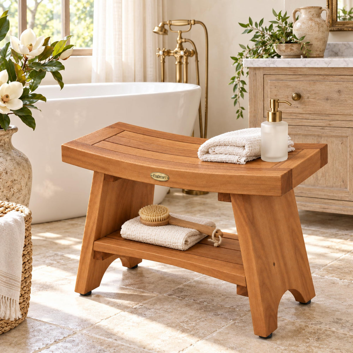 EcoDecors Serenity 24" Teak Shower Bench with Shelf, Teak Wood Shower Stool