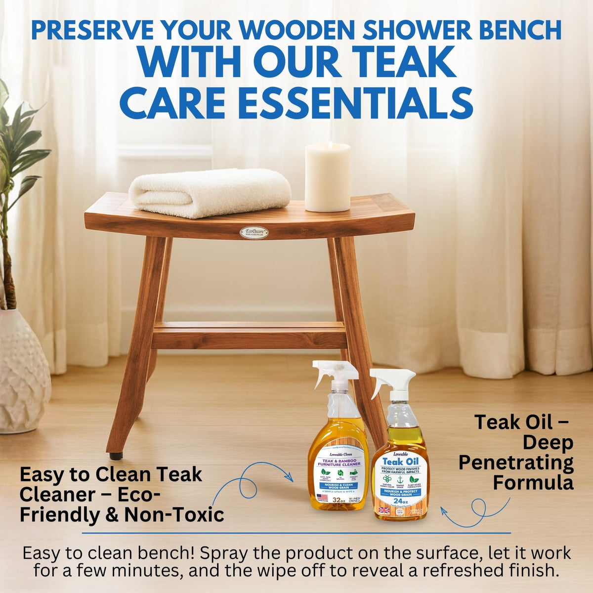 EcoDecors Satori 24-Inch Natural Teak Shower Bench, Waterproof