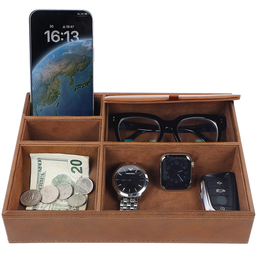 Zcaukya Men's Valet Tray, 5 Compartments, Brown