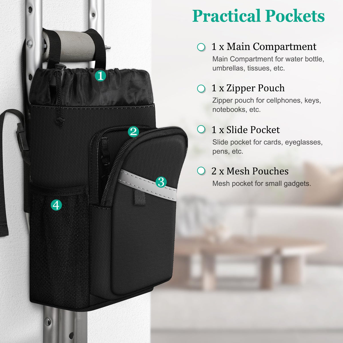 FINPAC Crutch Accessories Bag, Water-Resistant Storage Organizer Tote Bag