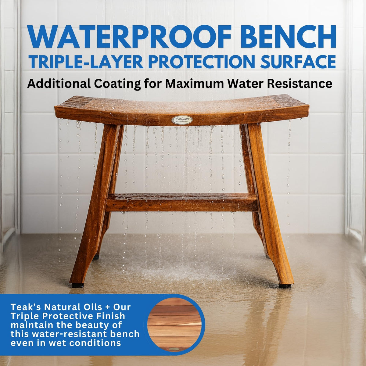 EcoDecors Satori 24-Inch Natural Teak Shower Bench, Waterproof