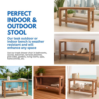 EcoDecors 36-Inch Teak Shower Bench, Large Storage Shelf, 300 lb