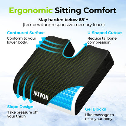 AUVON Gel Wheelchair Seat Cushion with Waterproof Cover, Ergonomic Chair Cushion with U-Cutout for Tailbone, Back Pain Relief, Memory Foam Cushion for Office, Anti-Slip, Buckle Strap