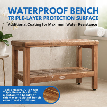 EcoDecors 36-Inch Teak Shower Bench, Large Storage Shelf, 300 lb