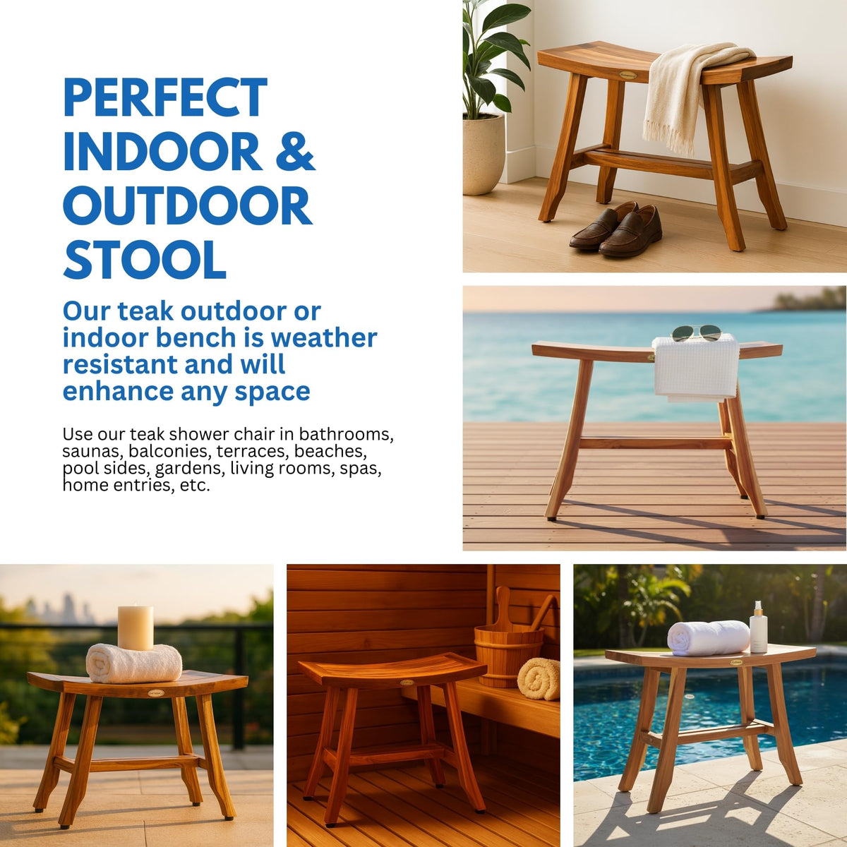 EcoDecors Satori 24-Inch Natural Teak Shower Bench, Waterproof