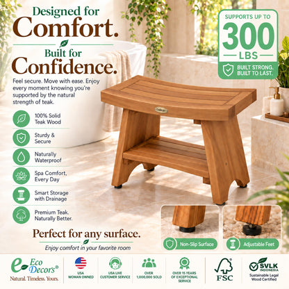 EcoDecors Serenity 24" Teak Shower Bench with Shelf, Teak Wood Shower Stool