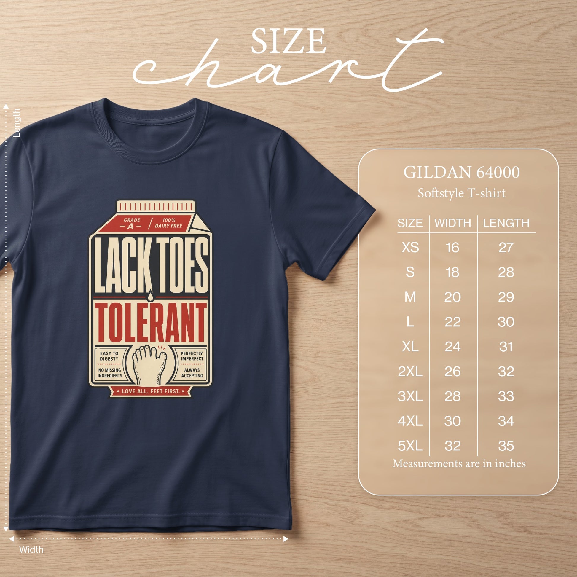 Navy t-shirt with "Lack Toes Tolerant" text and size chart.