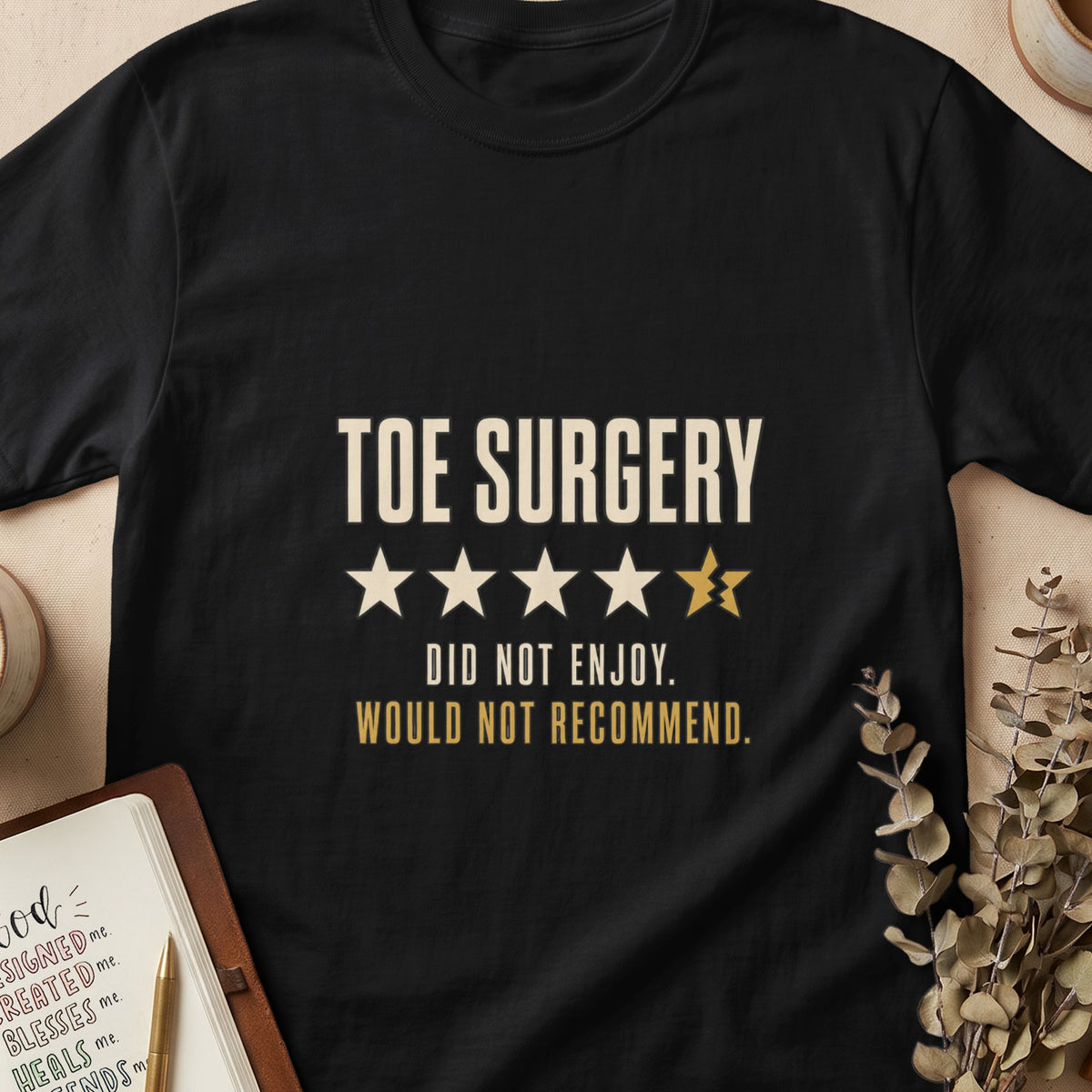 Black t-shirt with "TOE SURGERY" and a 3.5-star rating.