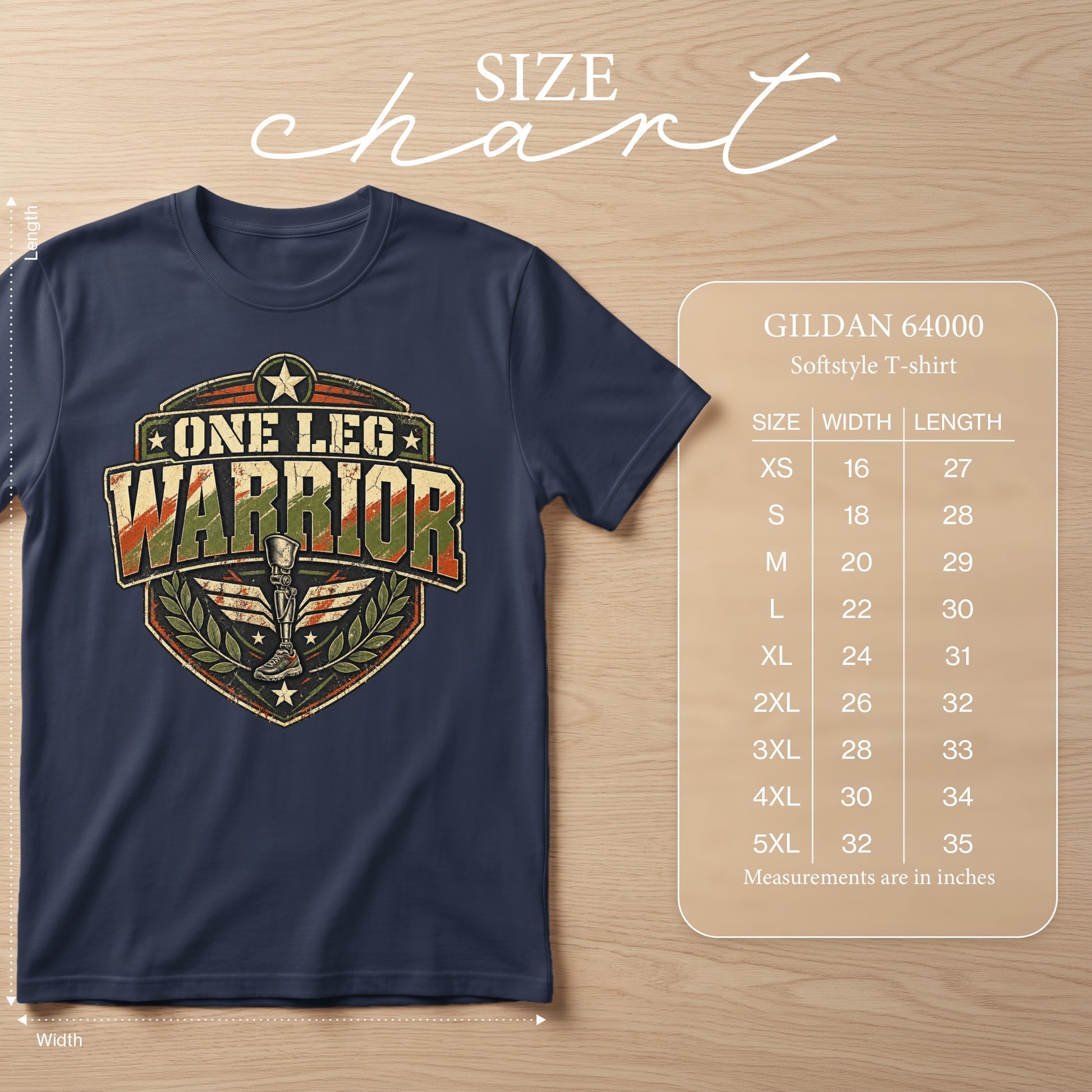 Navy t-shirt with "One Leg Warrior" graphic and Gildan 64000 size chart.