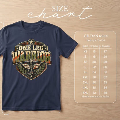 Navy t-shirt with "One Leg Warrior" graphic and Gildan 64000 size chart.