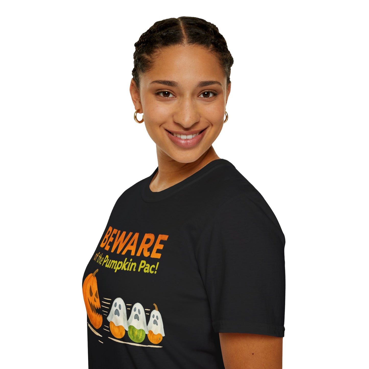 Halloween Ghost T-Shirt, Beware of the Pumpkin Pac Shirt, Unisex Softstyle Tee, Spooky Party Wear, Fall Harvest Tee