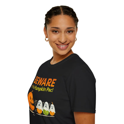 Halloween Ghost T-Shirt, Beware of the Pumpkin Pac Shirt, Unisex Softstyle Tee, Spooky Party Wear, Fall Harvest Tee