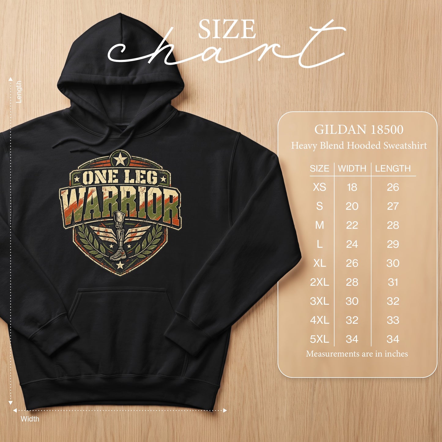 Black Gildan 18500 Heavy Blend hooded sweatshirt with "One Leg Warrior" graphic and size chart.