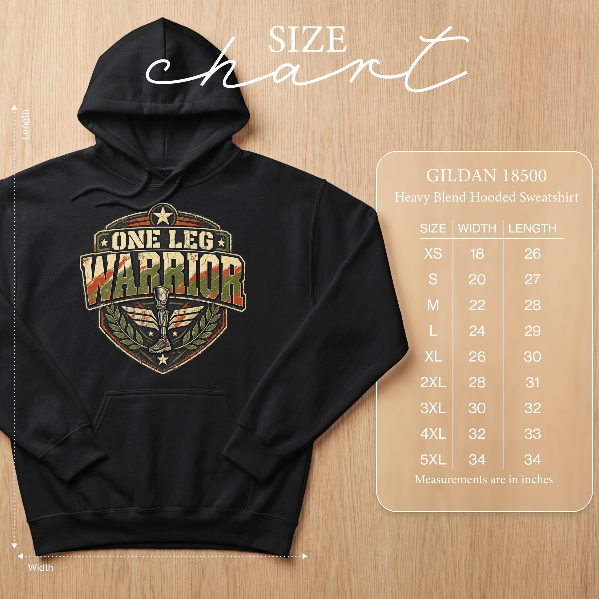 Black Gildan 18500 Heavy Blend hooded sweatshirt with "One Leg Warrior" graphic and size chart.