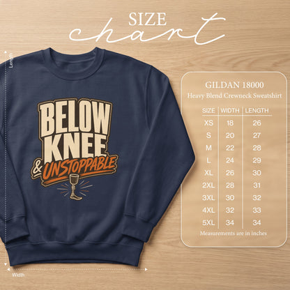 Navy sweatshirt with "Below Knee & Unstoppable" text and size chart.