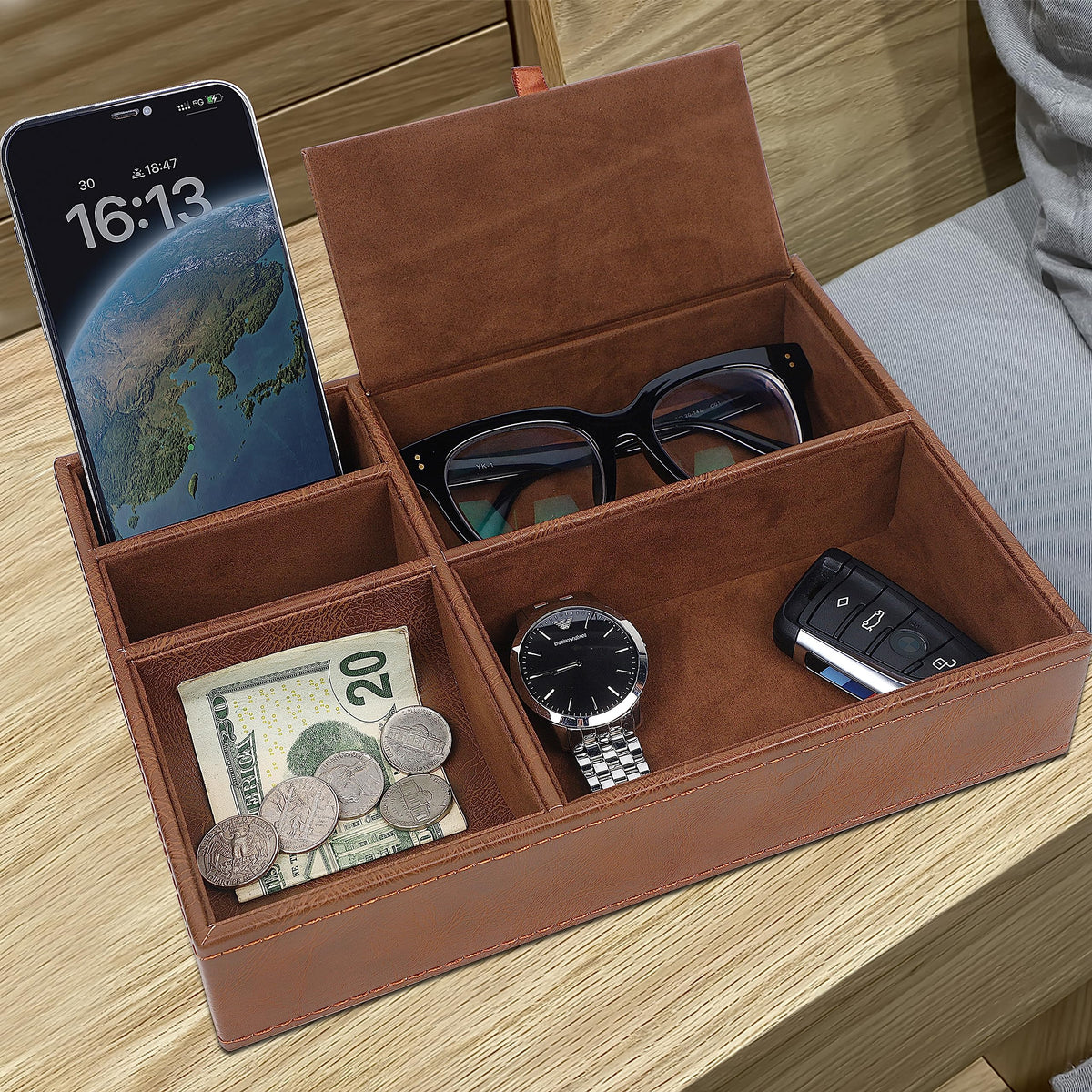 Zcaukya Men's Valet Tray, 5 Compartments, Brown