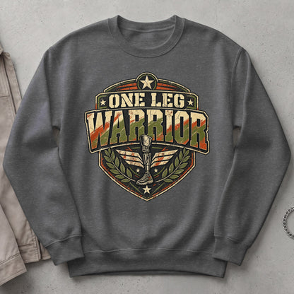 Gray sweatshirt with "One Leg Warrior" text and prosthetic leg graphic.