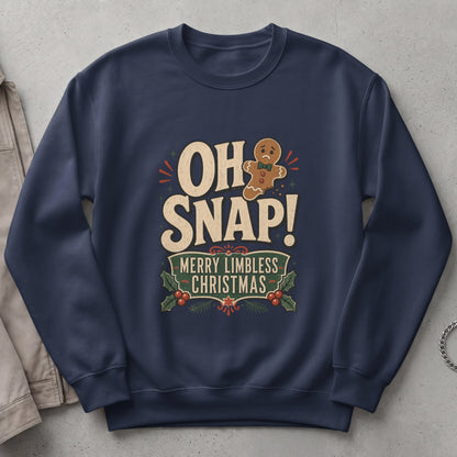 Navy sweatshirt with "OH SNAP! Merry Limbless Christmas" graphic and gingerbread man.