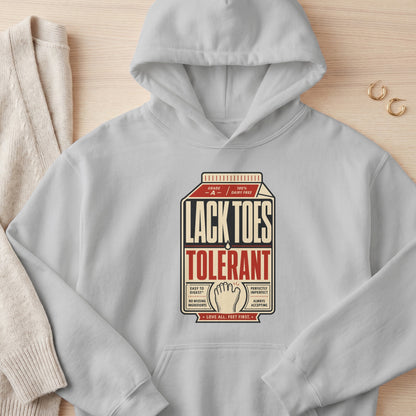 Light grey hoodie with "Lack Toes Tolerant" text and foot graphic.