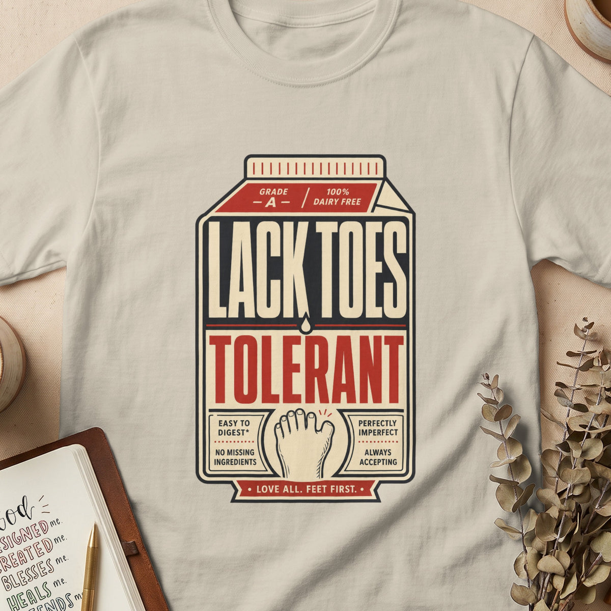 Shirt with "LACK TOES TOLERANT" text in a milk carton design.