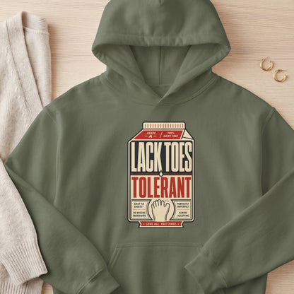 Green hoodie with "Lack Toes Tolerant" design resembling a milk carton.