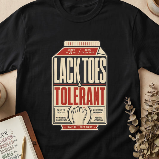Black t-shirt with "Lack Toes Tolerant" in milk carton design.