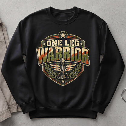 Black sweatshirt with "One Leg Warrior" text and prosthetic leg graphic.
