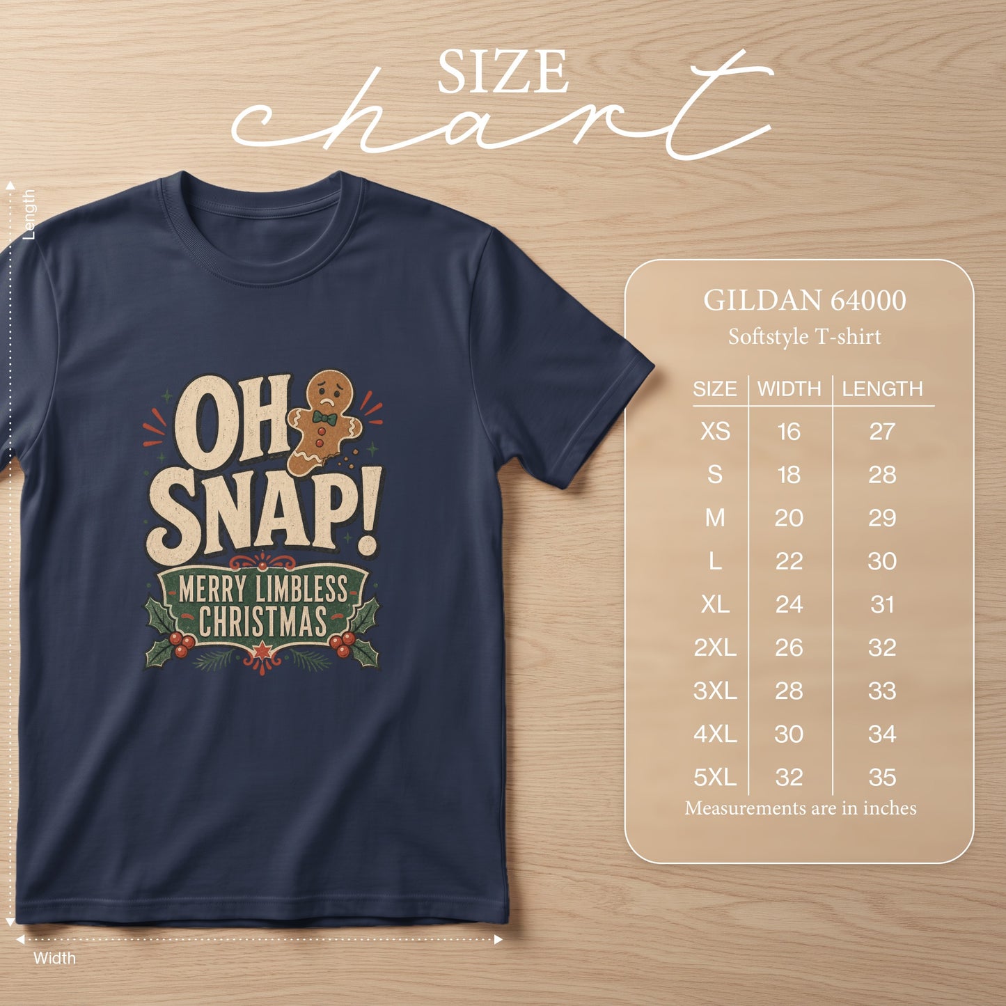 Navy t-shirt with "OH SNAP! Merry Limbless Christmas" graphic and size chart.