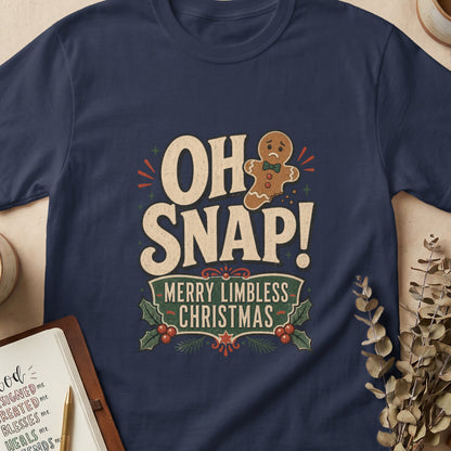Navy t-shirt with "Oh Snap! Merry Limbless Christmas" and sad gingerbread man.
