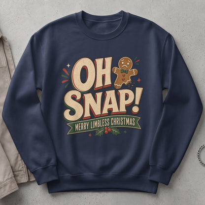 Navy sweatshirt with "OH SNAP!" and a gingerbread man saying "Merry Limbless Christmas".