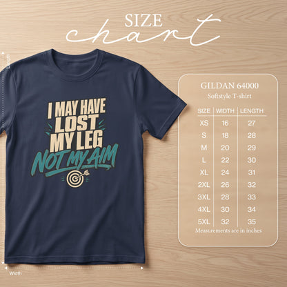 Dark blue Gildan t-shirt with "I may have lost my leg not my aim" text and dartboard graphic.