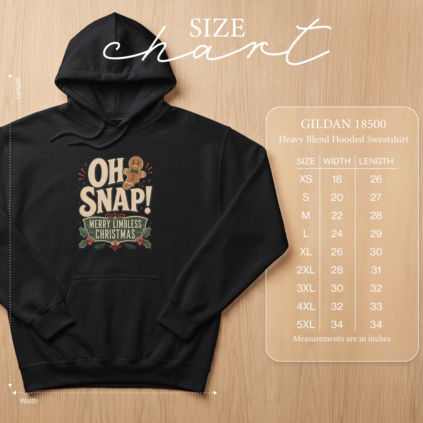 Black Gildan 18500 hooded sweatshirt with "OH SNAP! Merry Limbless Christmas" graphic and size chart.